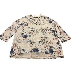 Charlie B Women's Roll Tab Sleeve Gauze White Floral Pullover XL Made In Italy